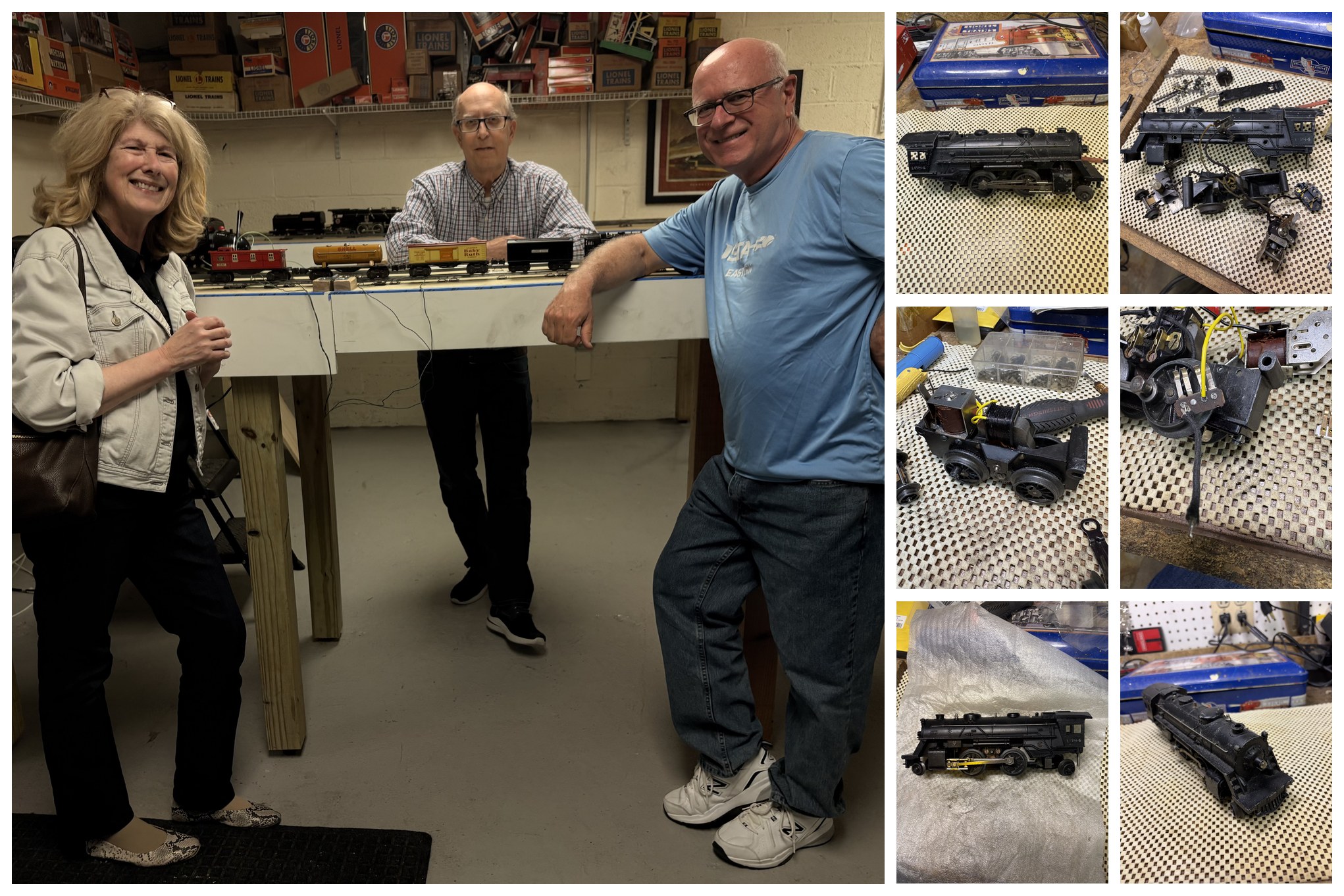 NLOE members with a family and the restored 1940s Lionel 1684 locomotive, alongside photos of the full mechanical rebuild
